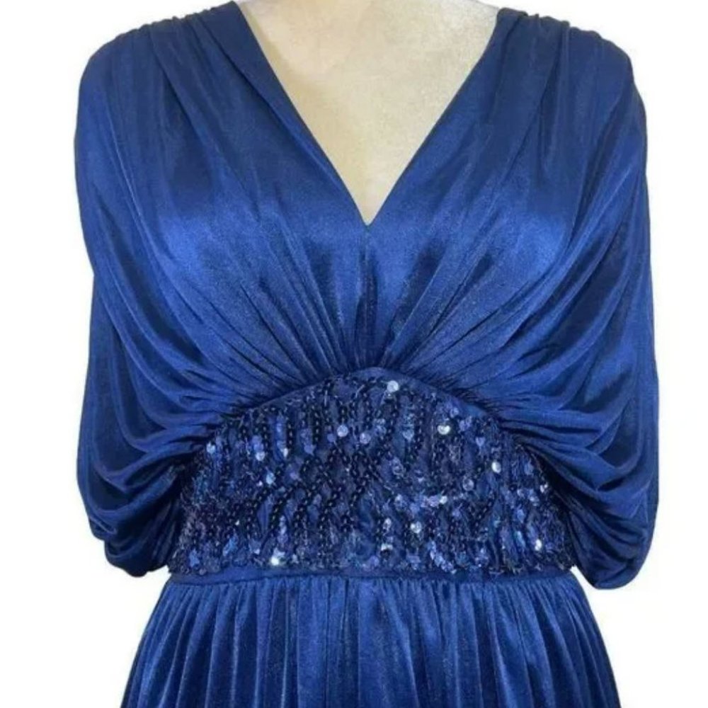 80s Vintage Midnight Blue Sleeveless Draped Cocktail Dress with Sequins Size 12